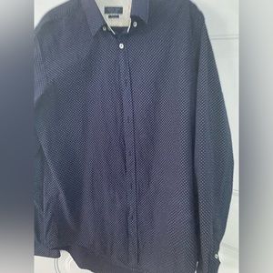 Zara Man Dress Shirt Dark Blue Polka Dot Large